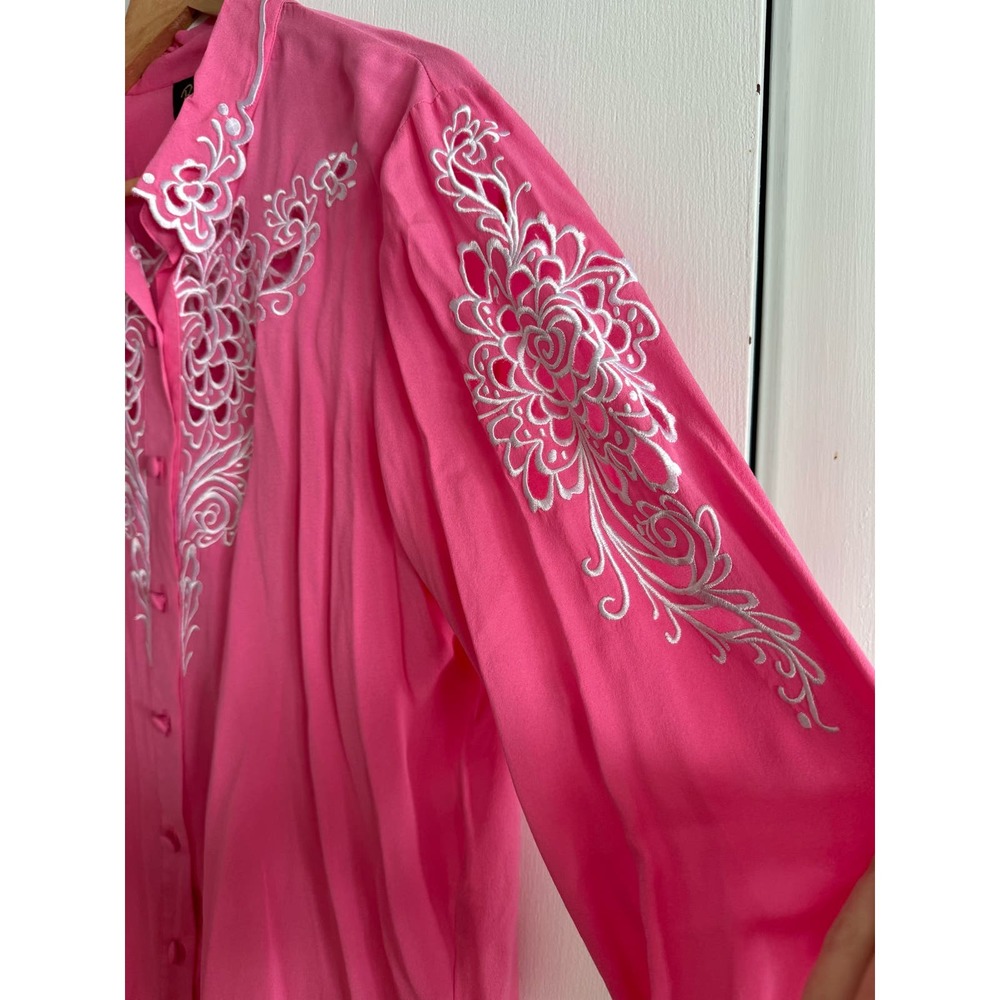 Bob Mackie Wearable Art VINTAGE 90s button down bubblegum 100% silk embroidery L - Picture 3 of 14
